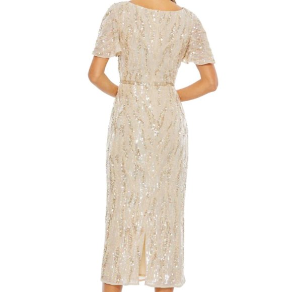 MAC DUGGAL 93591 SEQUINED V-NECK FLUTTER SLEEVE TEAL LENGTH OYSTER DRESS 14 - Picture 2 of 6